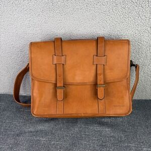 Korchmar Briefcase Messenger Bag Mens Large Tan Leather Buckle Strap 1093 080